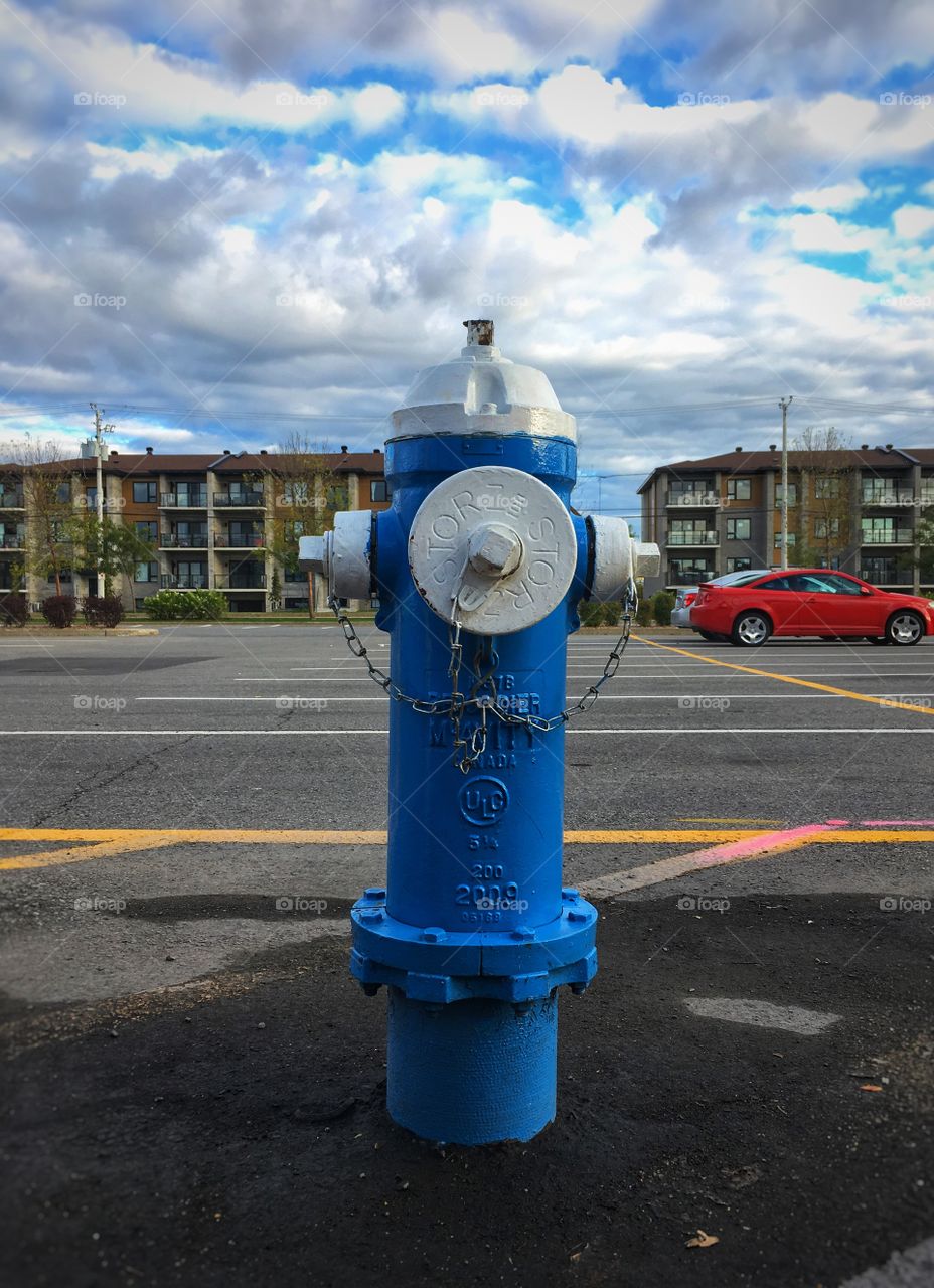 Blue fire hydrant posing