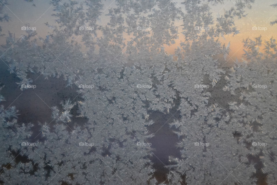 Snow crystals on window early winter morning 