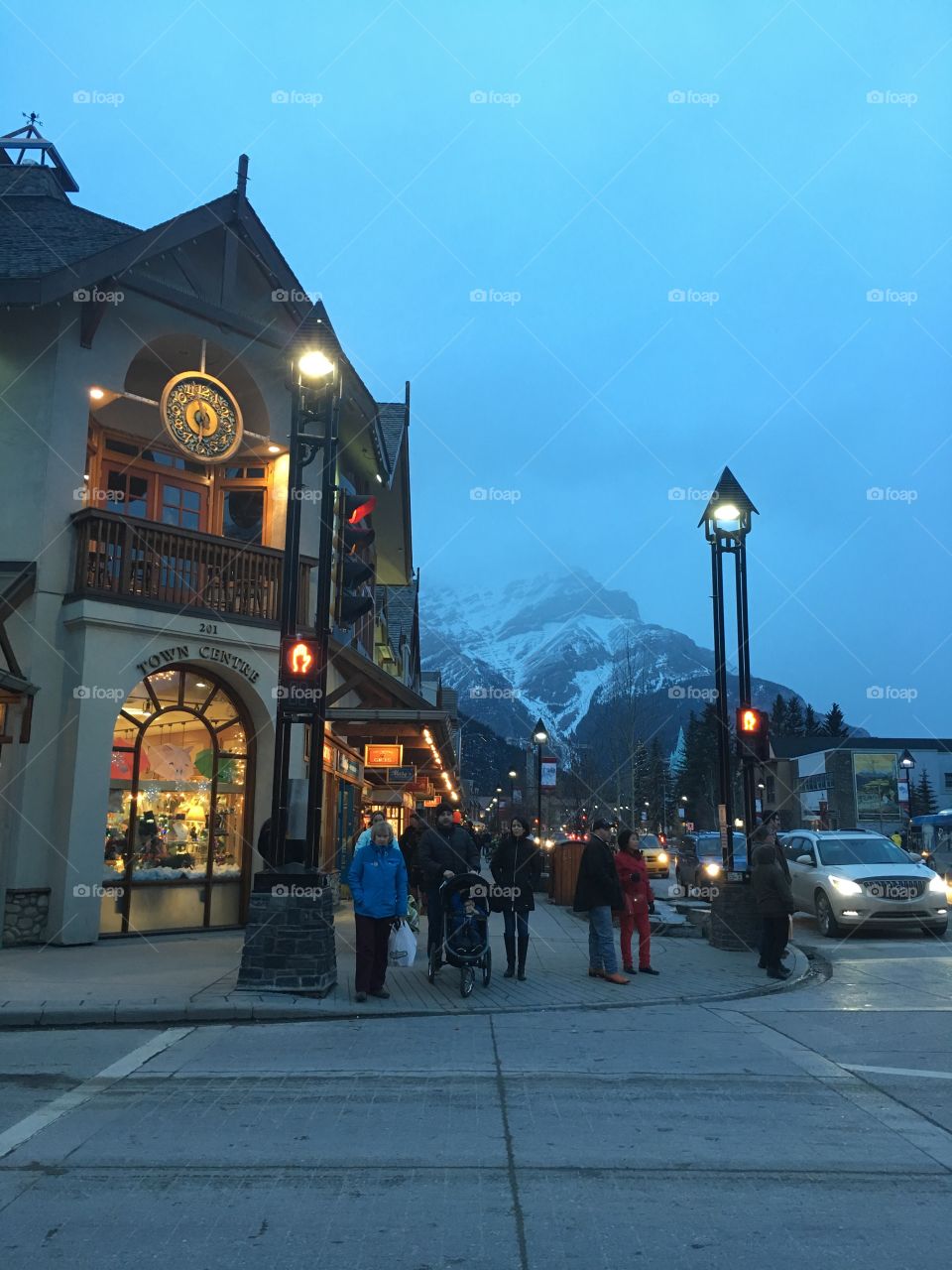 Looking towards Cascade Mountain which stands tall over Banff Ave