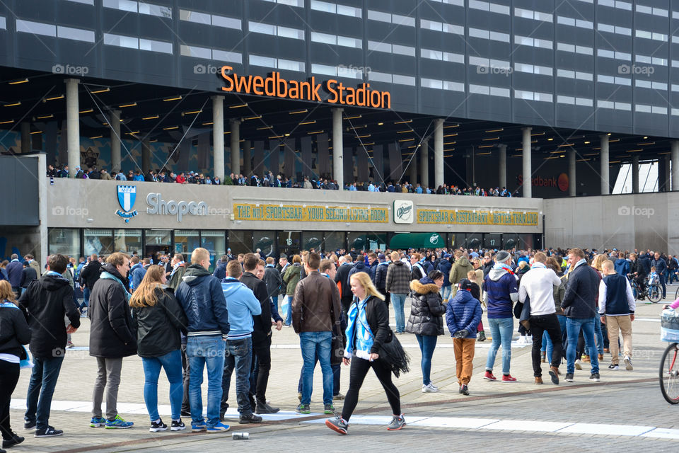 Swedbank Stadium arena in Malmö Sweden. Football game premiere with Malmö top team Malmö FF, start for the football season.