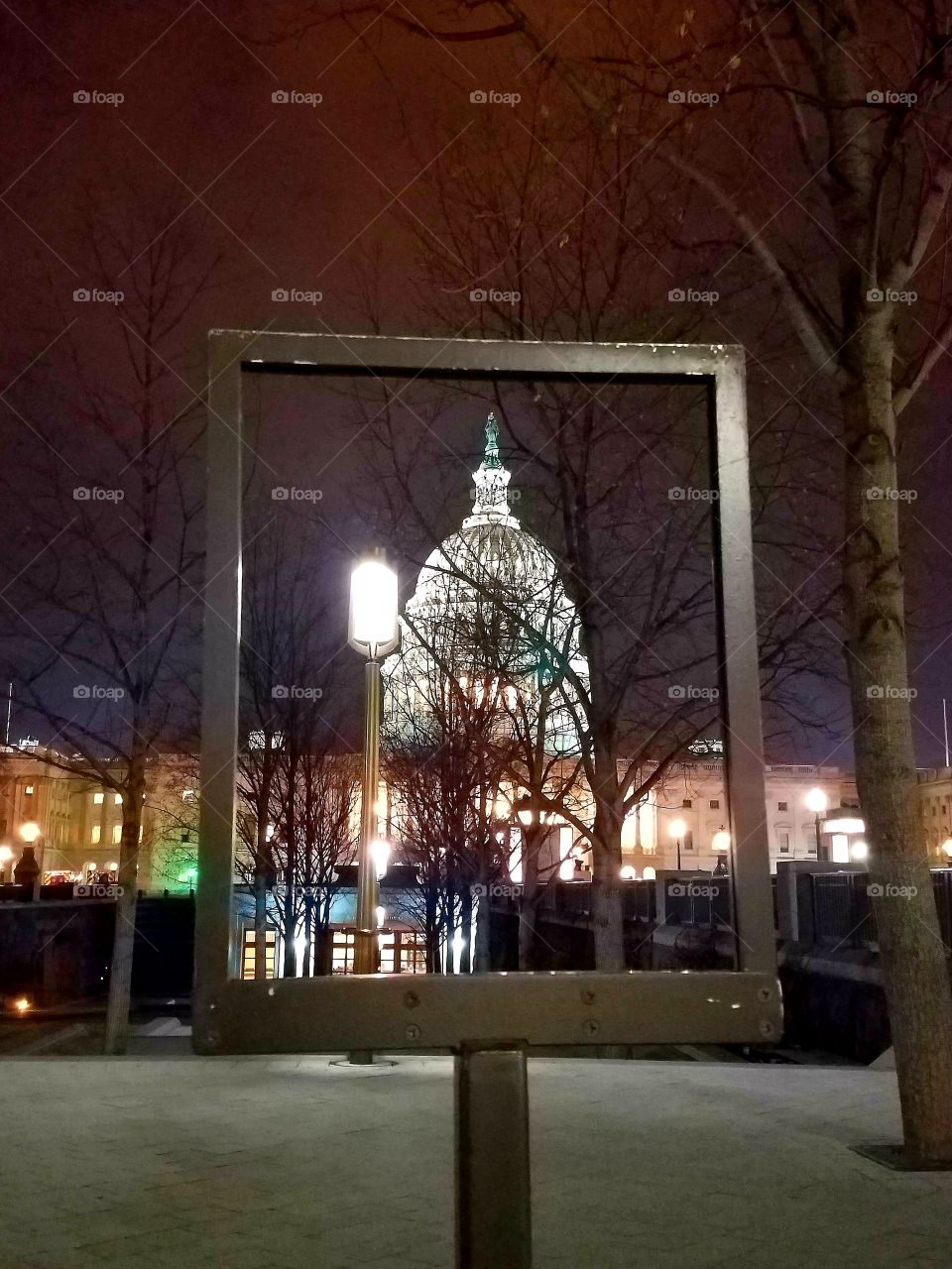 U.S. Capitol Building viewed through a hollowed out street sign.