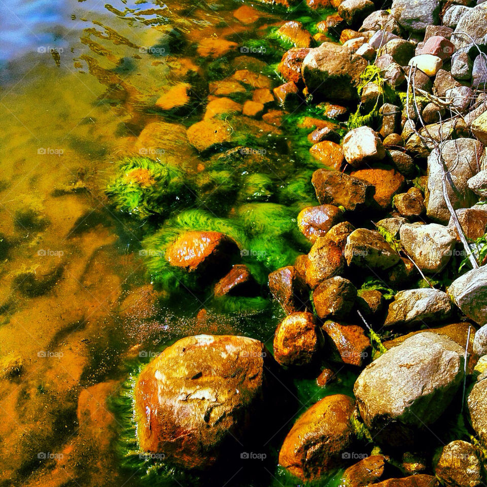 water lake rocks algae by stykellee