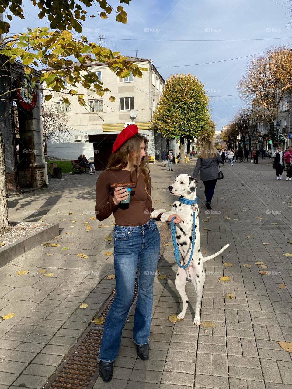 Summer in the city with puppy Dalmatian 