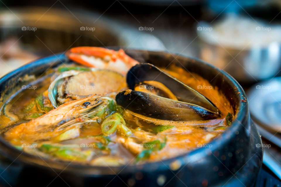 Korean seafood hotpot. A spicy hot yet delicious meal. Image taken in a restaurant in Jeju Island, South Korea.