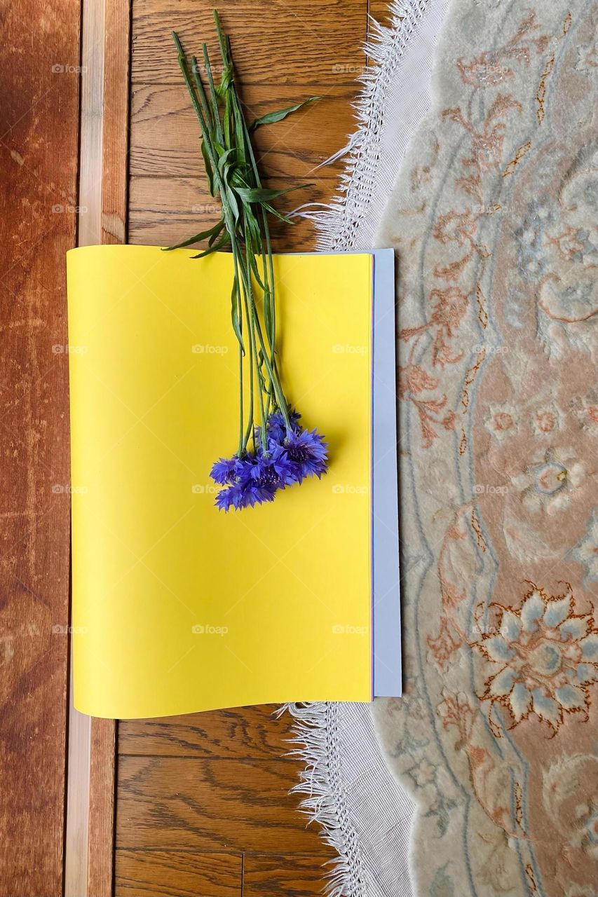 Purple flowers on yellow page