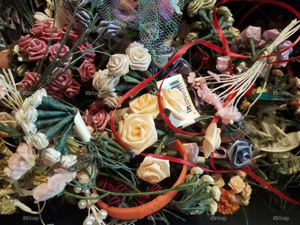 High angle view of handmade roses in shop