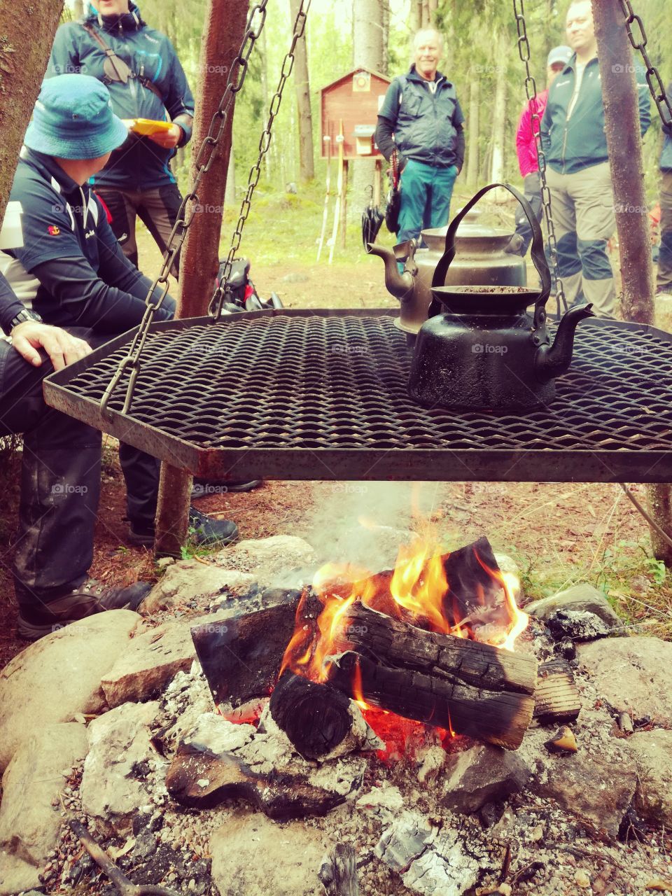 Camp in forrest. Bushcraft, coffe by the fire