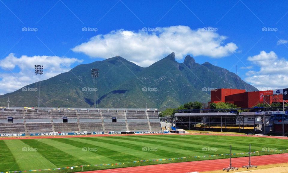 Monterrey ITESM football stadium and iconic Cerrro de la Silla Mountain