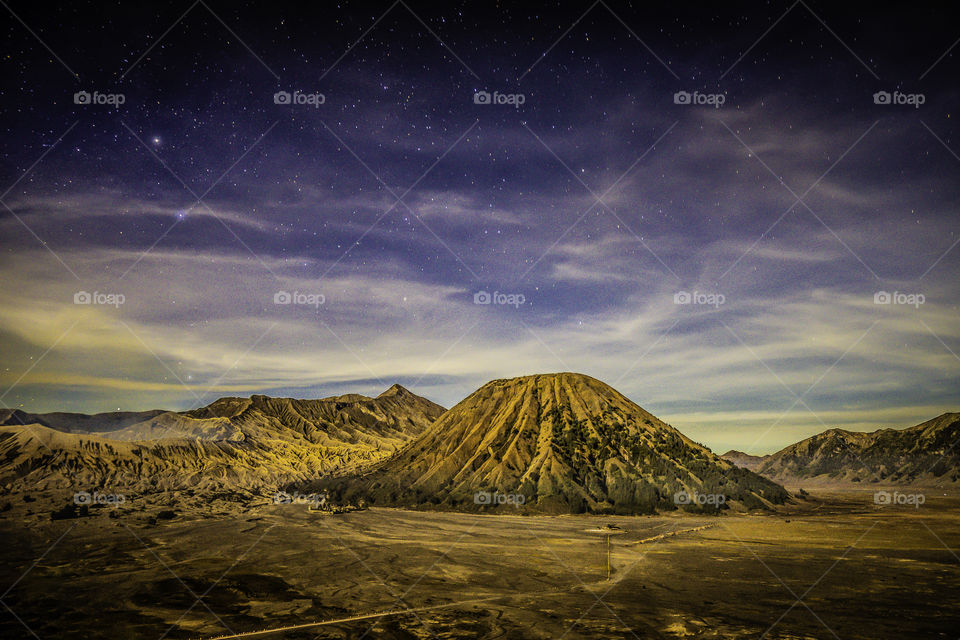 Mount Bromo at Night with stars, Indonesia