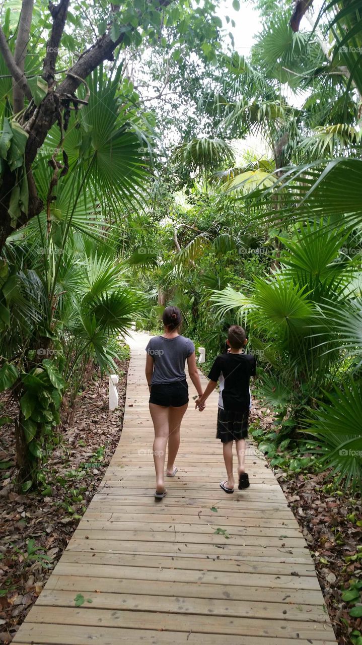 green palm trees kids walking