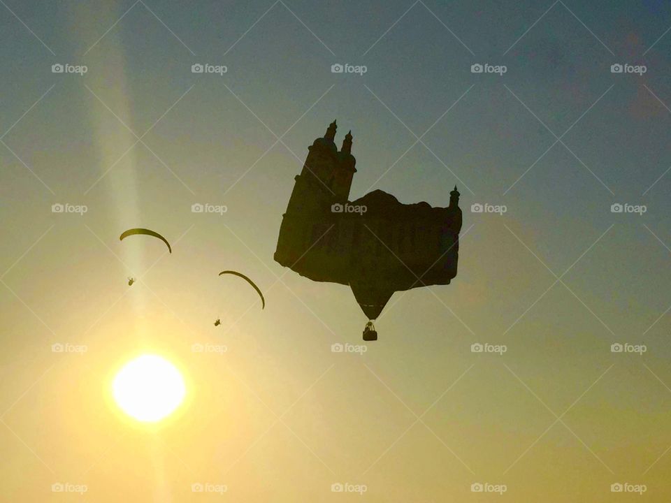 Parachutes and a hot air balloon