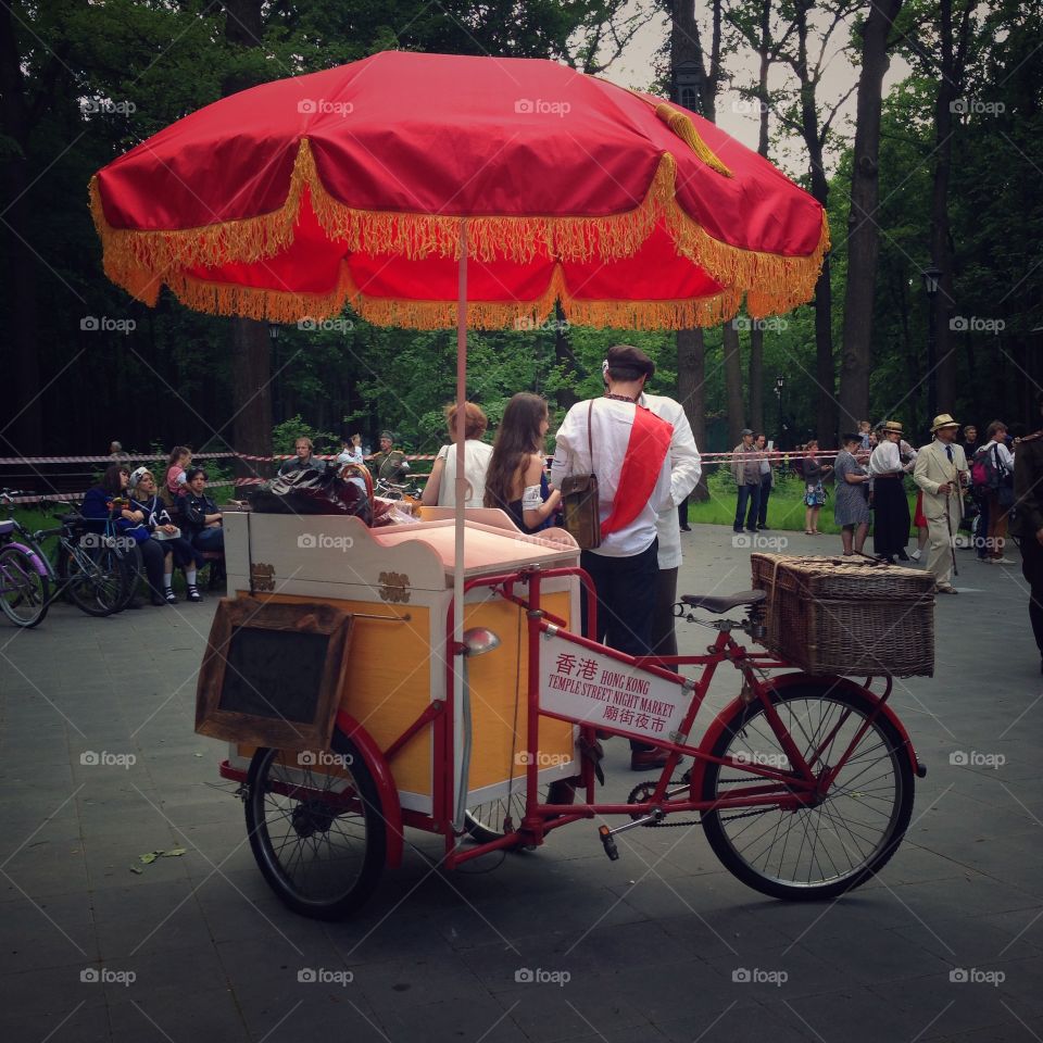 Vintage ice-cream tricycle bicycle on a vintage bicycles exhibition in Moscow, Russia