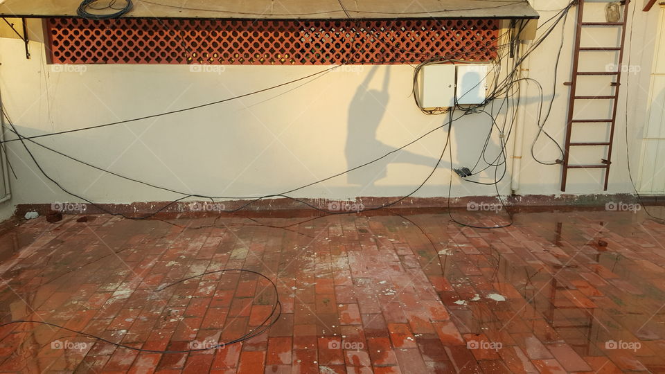 Shadow Dancing. On a rooftop in downtown Bangalore, India, with the sun setting behind us on a smoggy, dense evening.