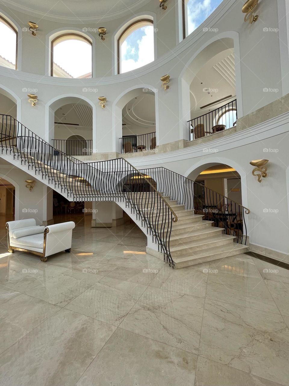 The white & gold interior of a marble floored Greek beach hotel, September 2021.