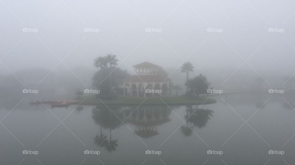 The fog surrounds the gazebo on a cool winter’s day. 