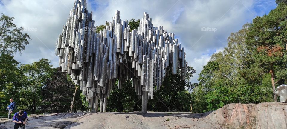 Sibelius monument in Helsinki on a cloudy day