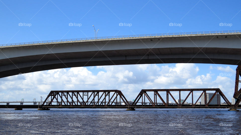 View of three bridges on river