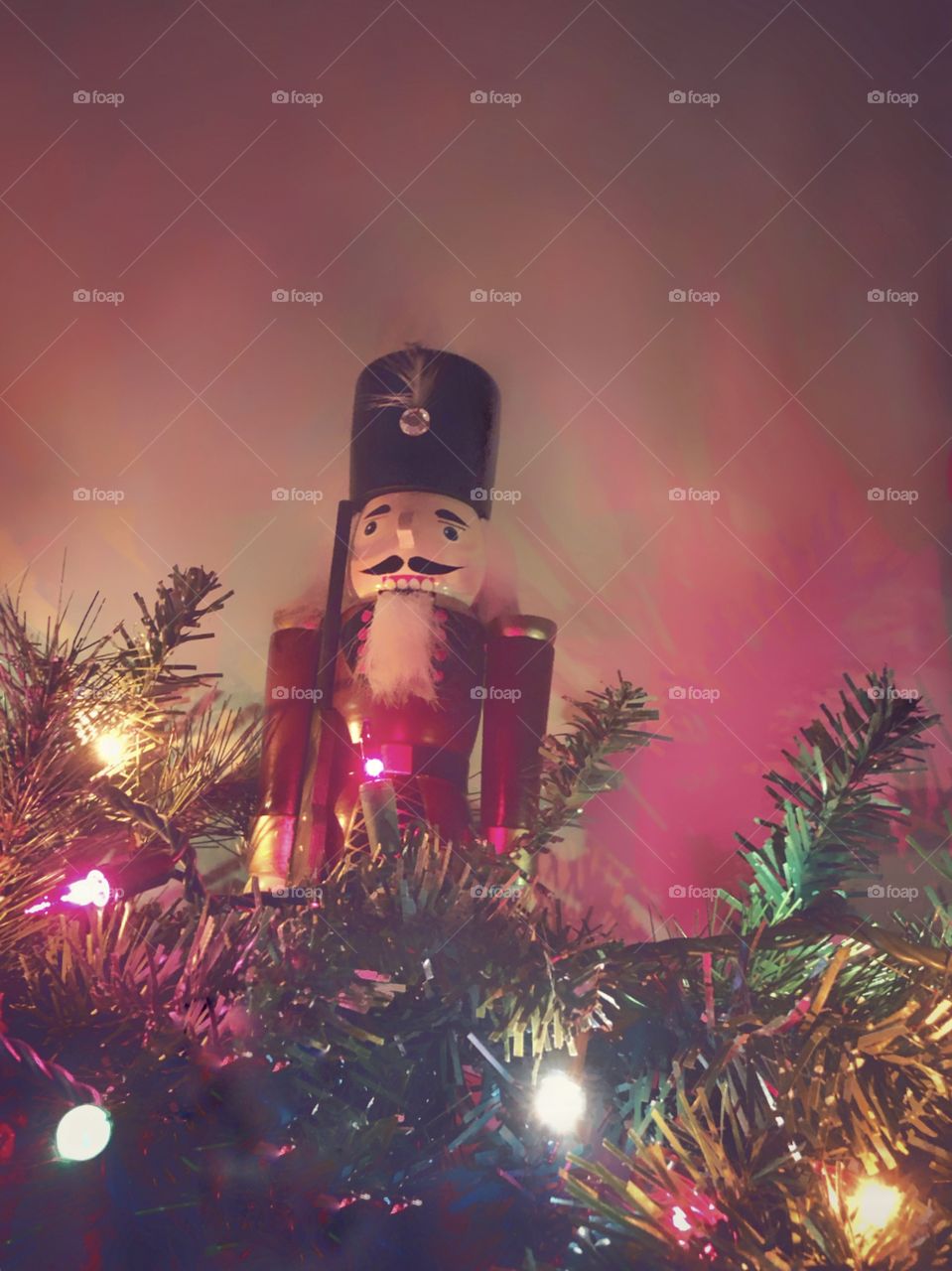 Nutcracker statue Christmas lights garland decorations 