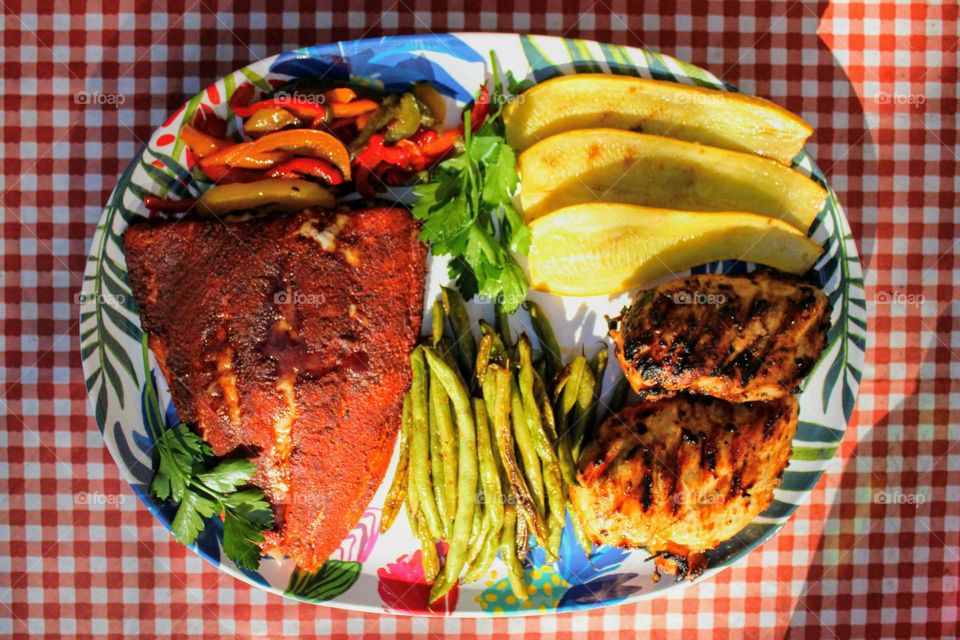 Grilled Food - smoked salmon, chicken breasts, green beans, yellow squash