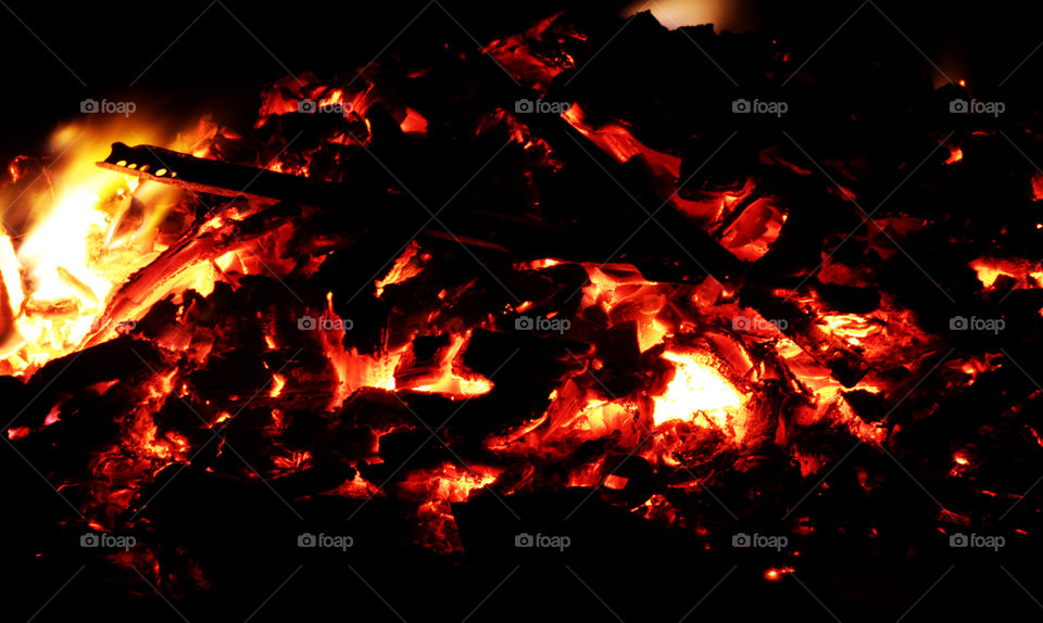 High angle view of burning wood