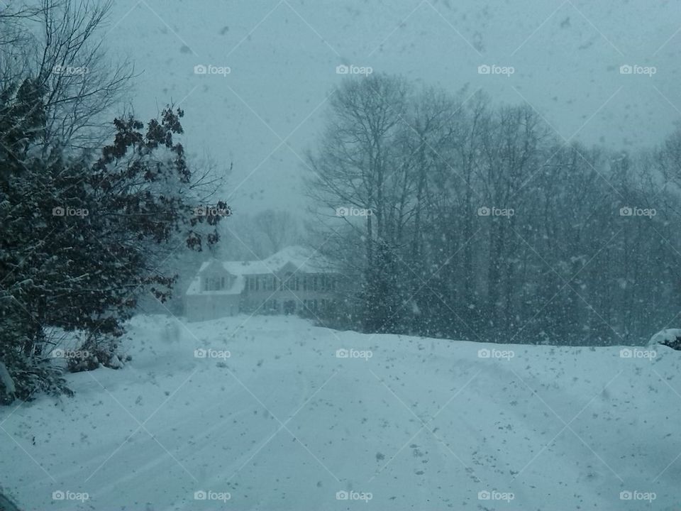 wintry road through window