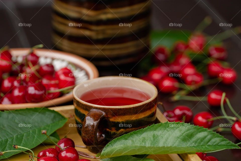 Summer drinks and food, red sweet cherries 