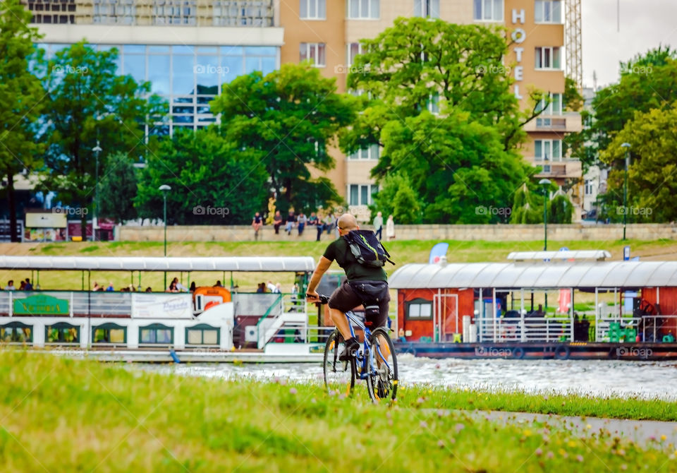 Biking by Vistula river in Krakow, Poland