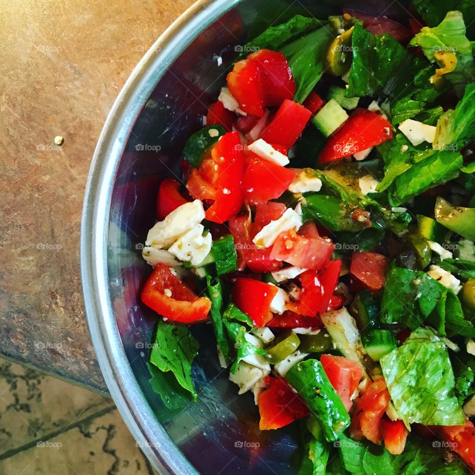 Elevated view of fresh vegetable salad