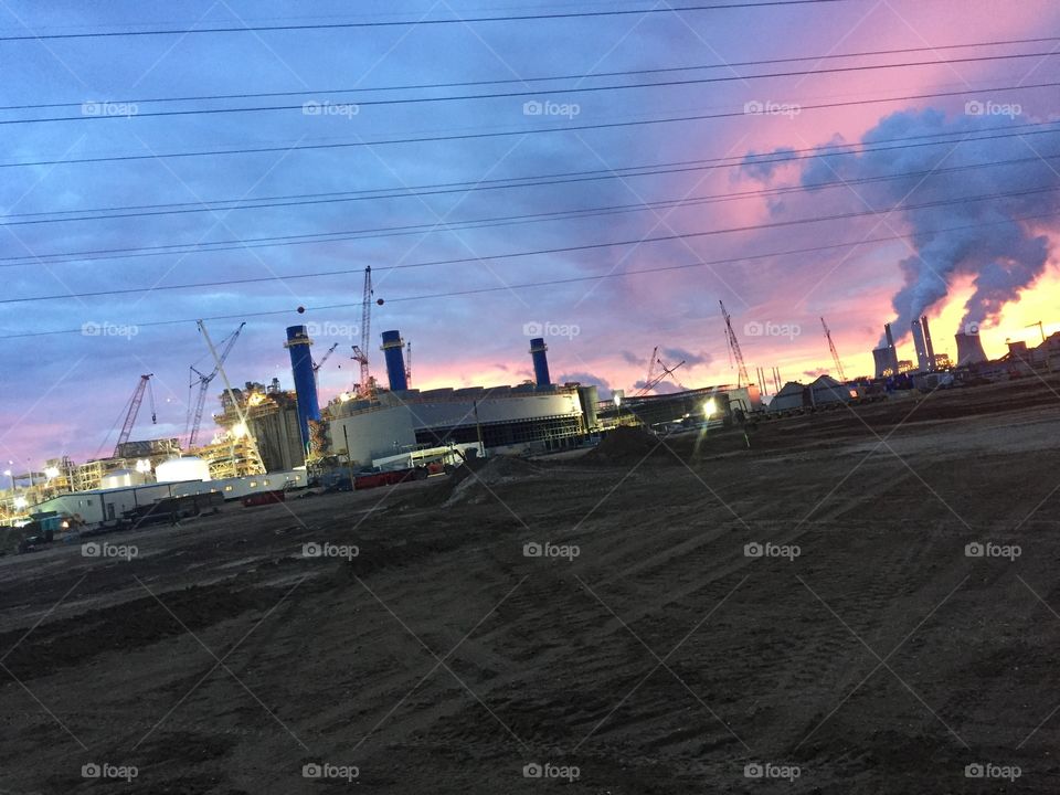 Crystal River, Florida, LNG Power plant Construction Oct/2017 to Dec/2017 with a beautiful sunset