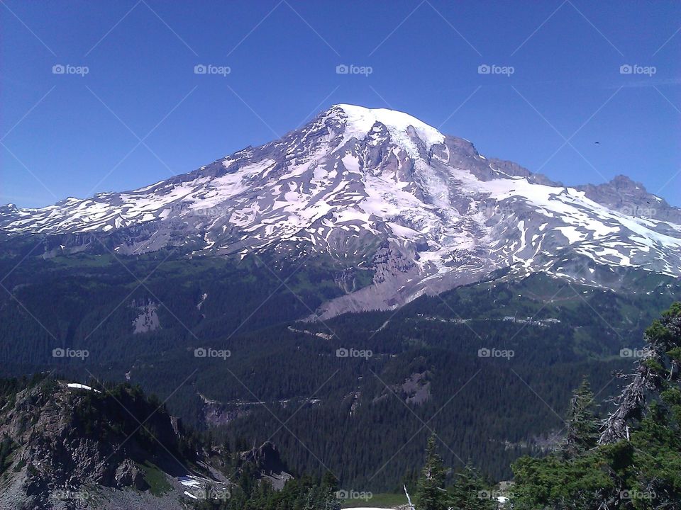 A shot of a big mountain up close. The mountain is Mt. Rainier, a dead volcano. 