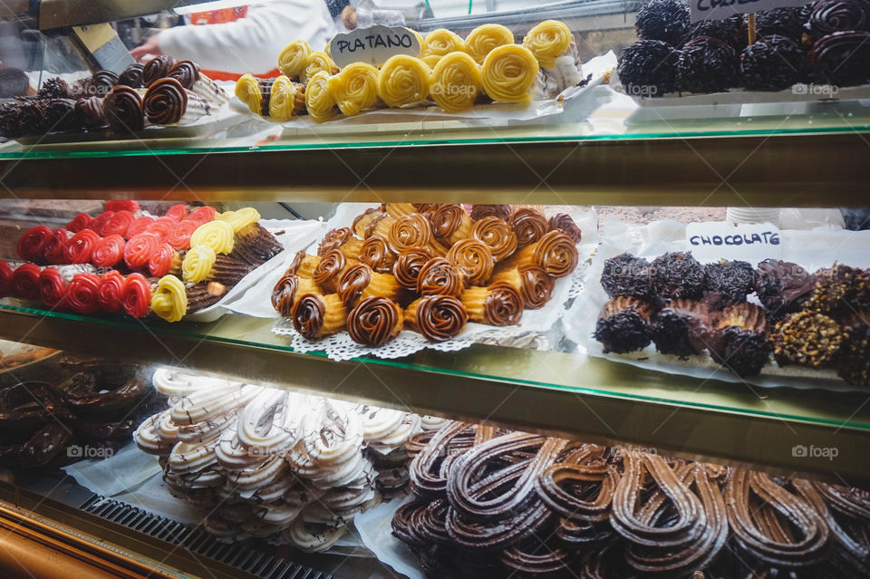 Tasty looking assorted churros at a Christmas market in Madrid, Spain 