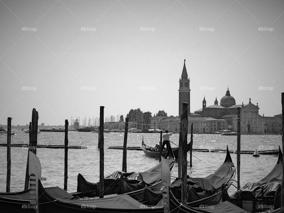 Gondolas . Black and white classic Photo of gondolas in Venice, Italy. 