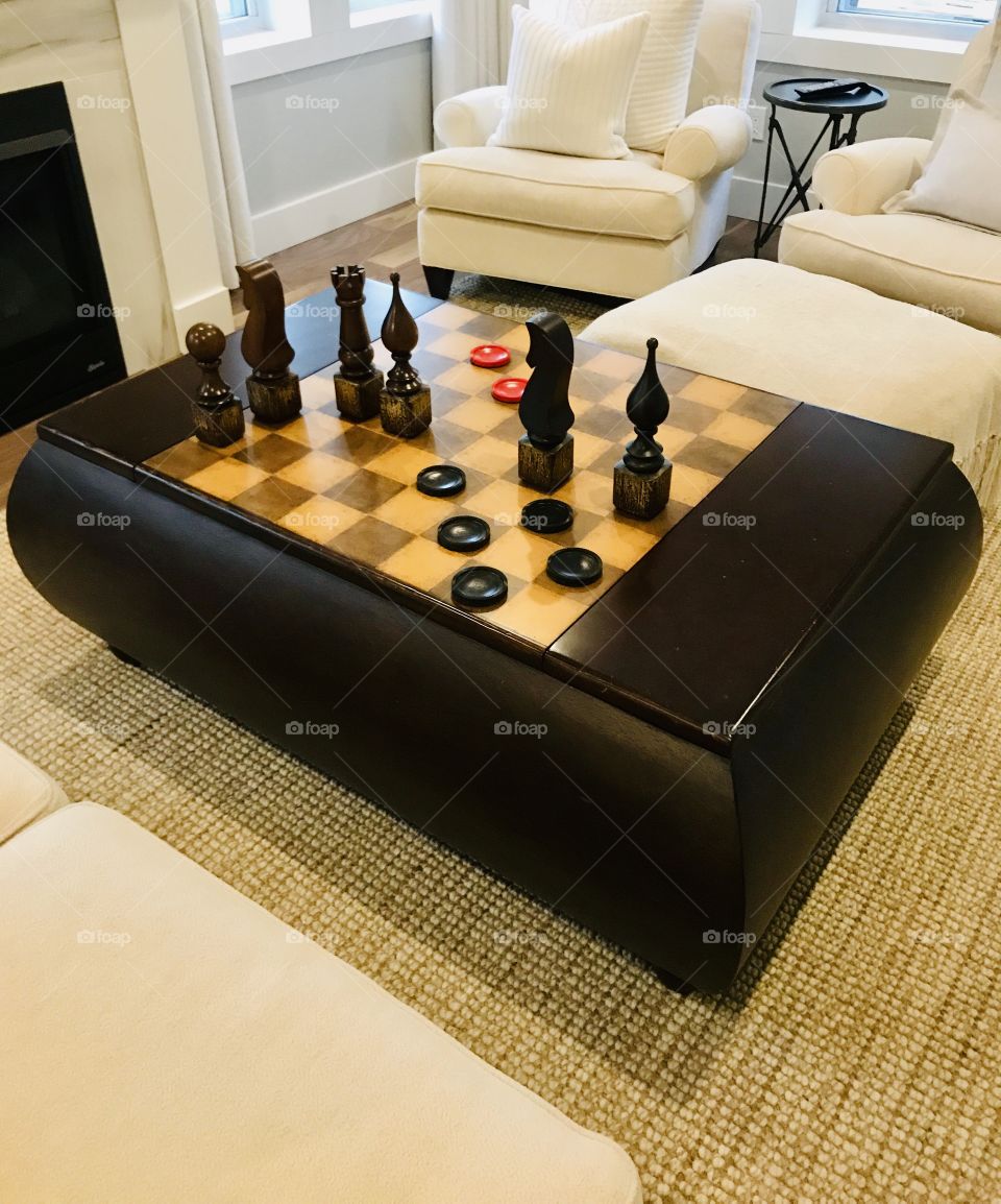 Amazing large rectangular table with chess board looks like a blast to play!! 