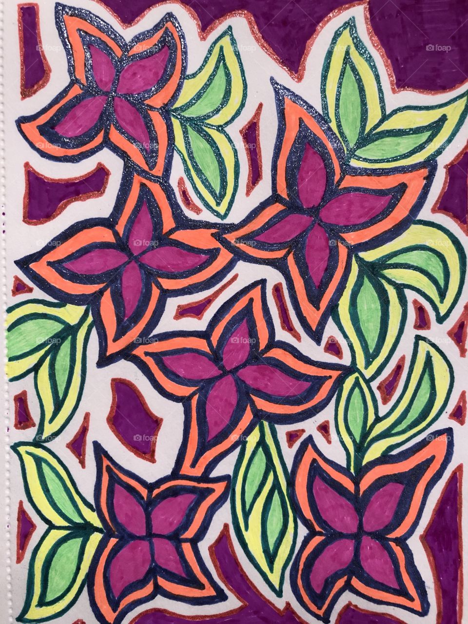 Flowers and leaves created by gel pens on paper