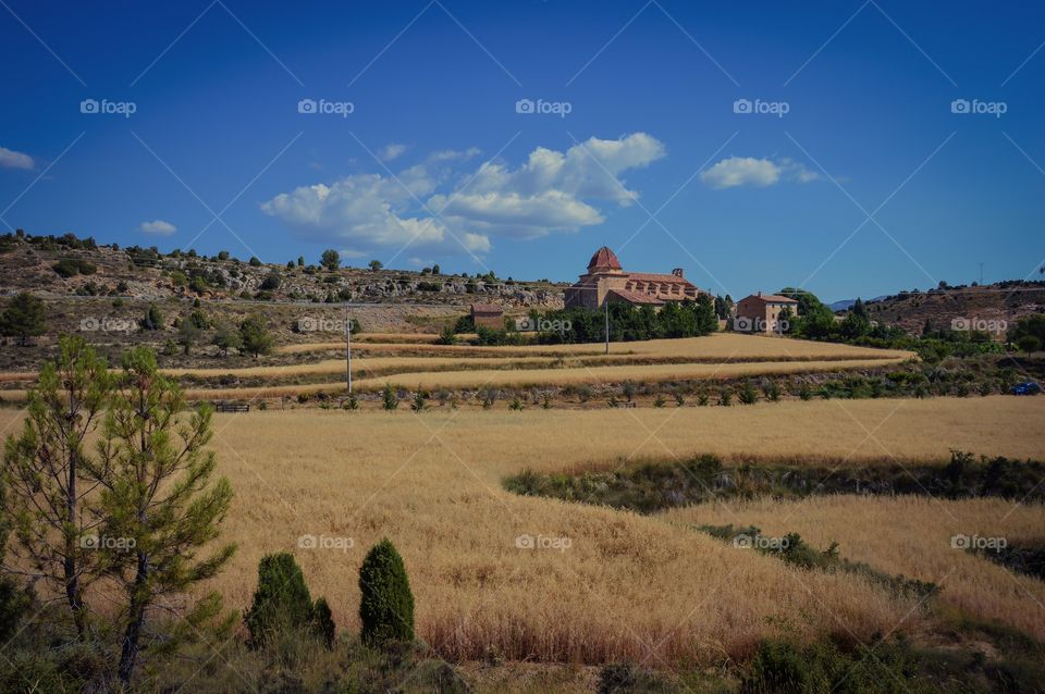View of house and field in rural landscape