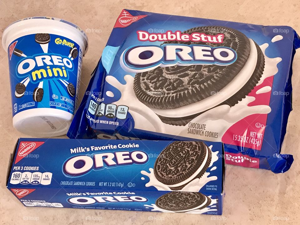 Mini and double stuf Oreo cookie flat lay on a counter top