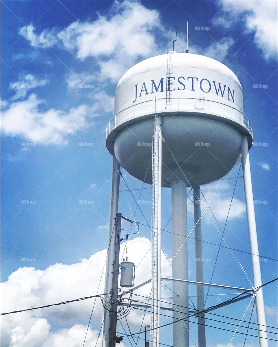 The Jamestown water tower contrasted with the blue sky. 