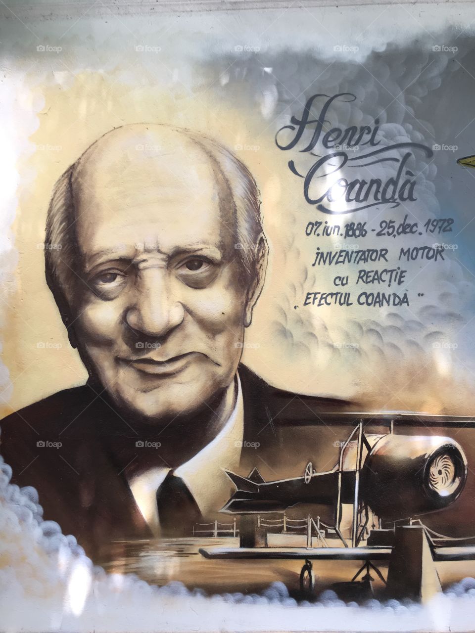 Henri Coanda, romanian inventor, aerodynamics pioneer, graffiti on a wall, Bucharest, Romania