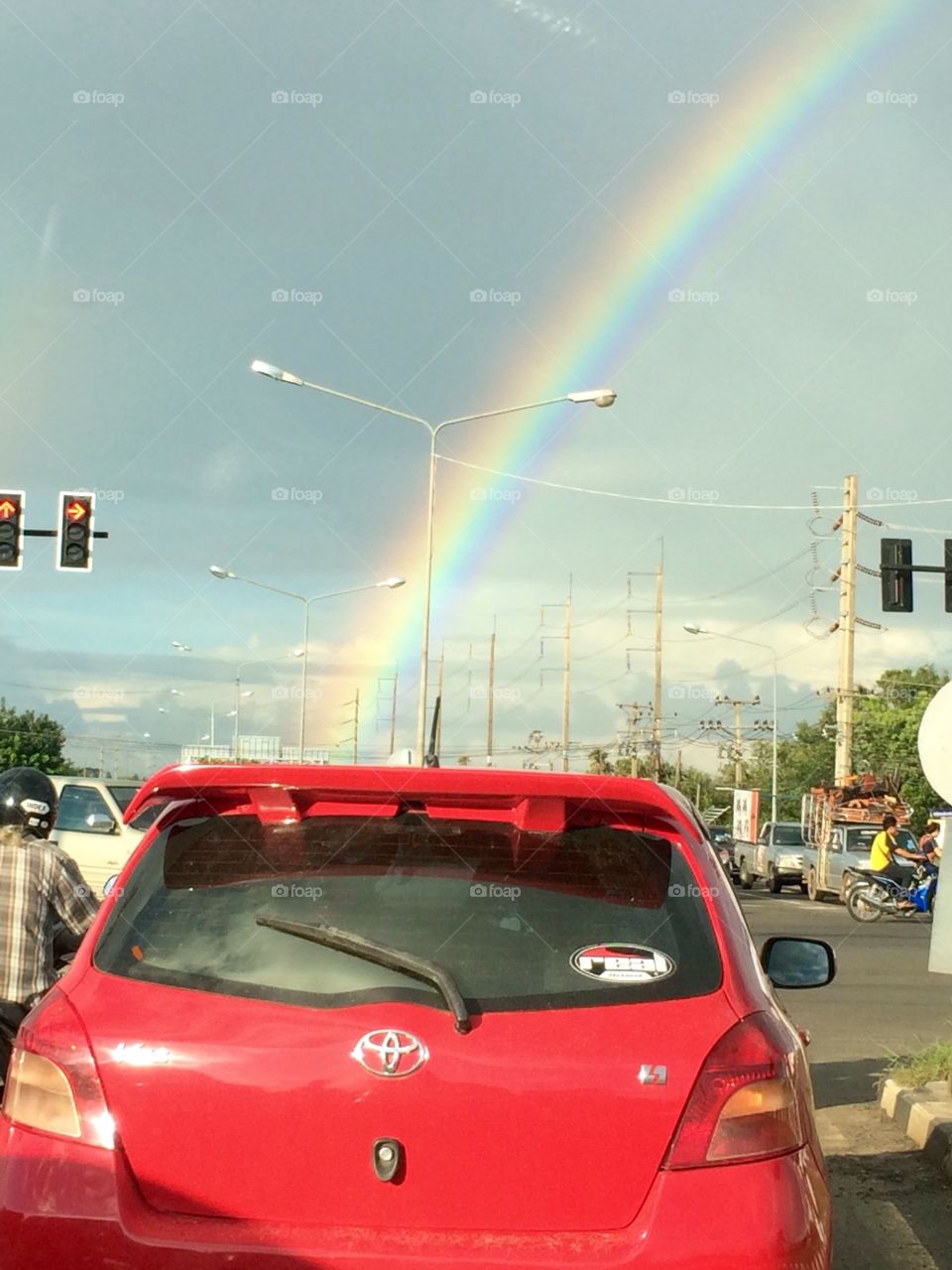 Rainbow with the traffic. 