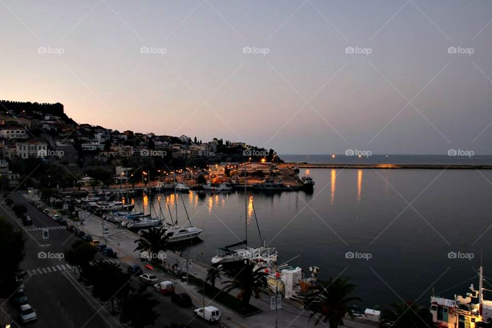 sunset at the sea port. Greece Kavala