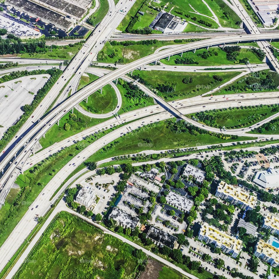Aerial view of freeway interchange.   