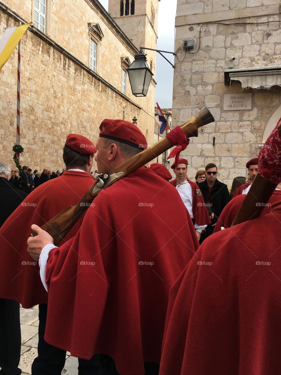 Red caps from the musketeers during the Saint Blaise Festival in Dubrovnik, Croatia.