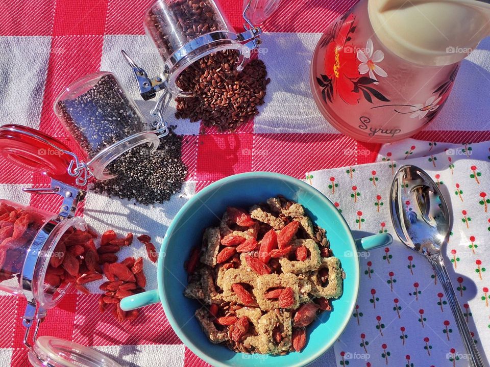 Cereal with chia, flax seed, and goji berries