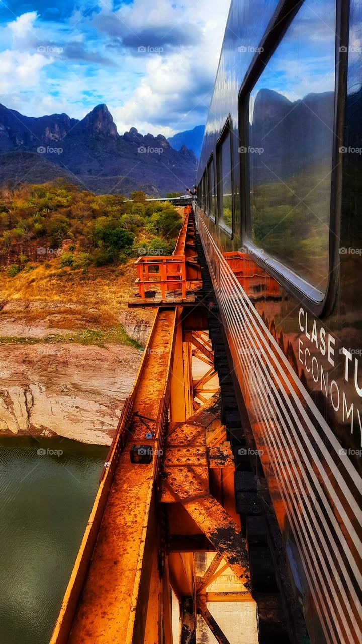 traveling on the Chepe train, train,bridge, wagons,Chepe, river, landscape, colorful, nature