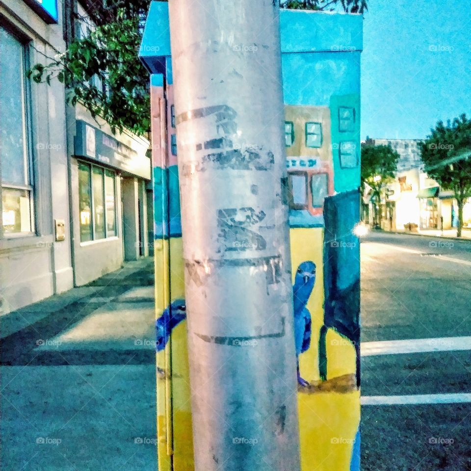 this is my favorite of the four sides of this street side Transformer because they actually managed to work a pigeon peeking around a street light pole into the piece.