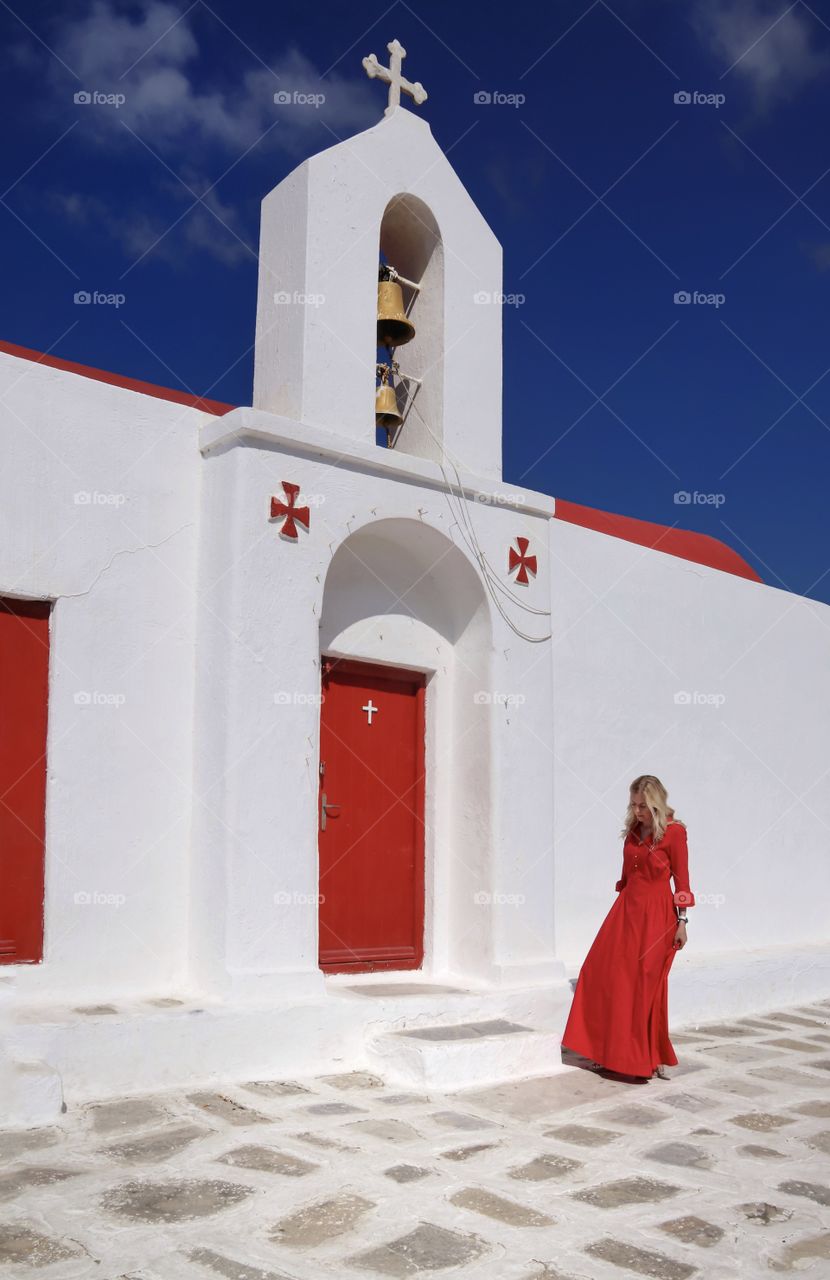 Lady in red Mykonos island 