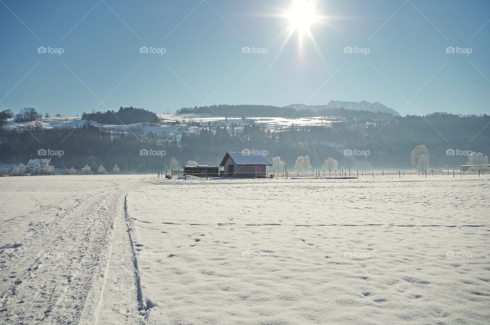 Natural winter with countryside and mountains