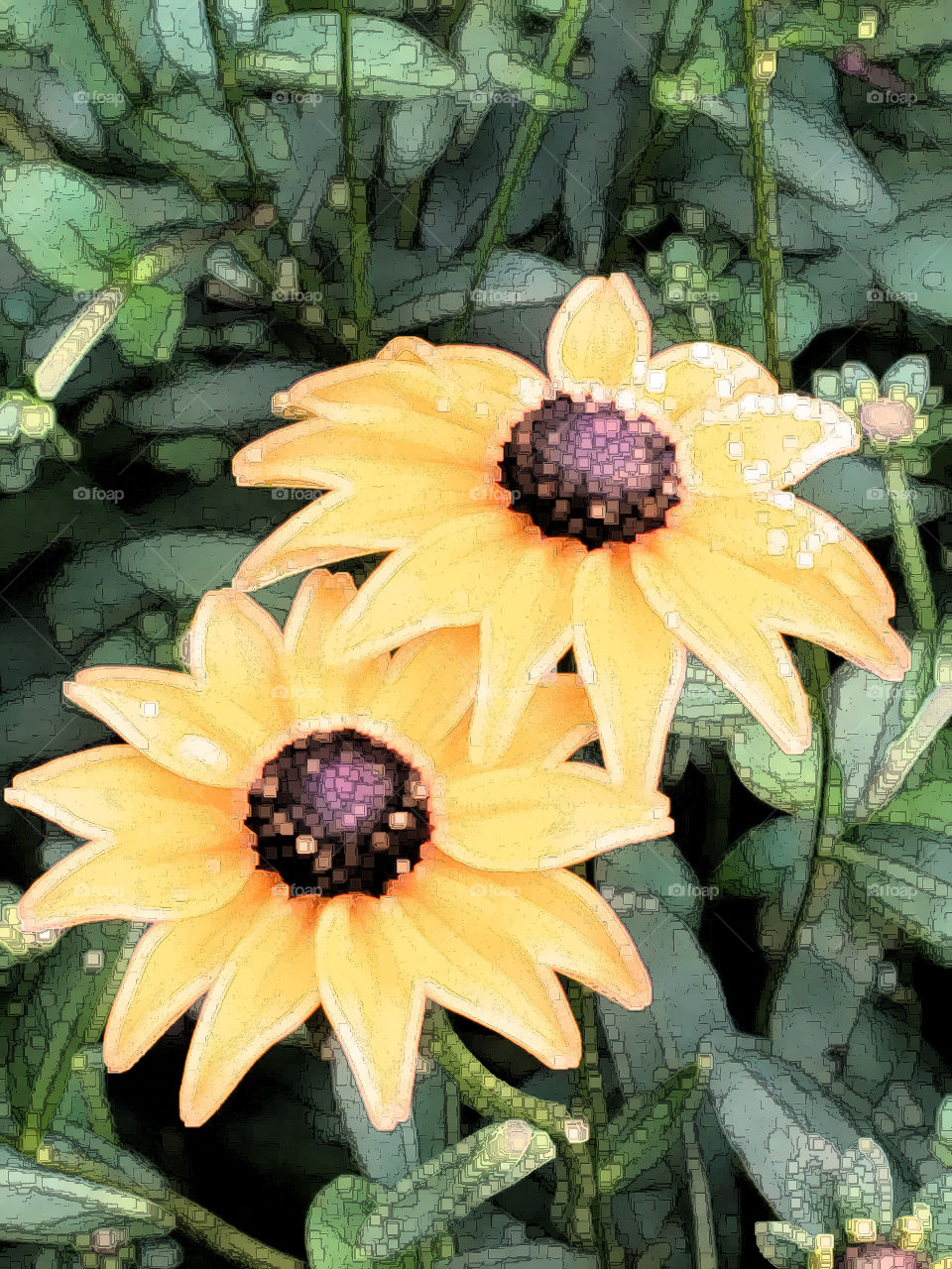 An artistic rendering of black-eyed Susans in the sun using a filter to enhance the orange color.