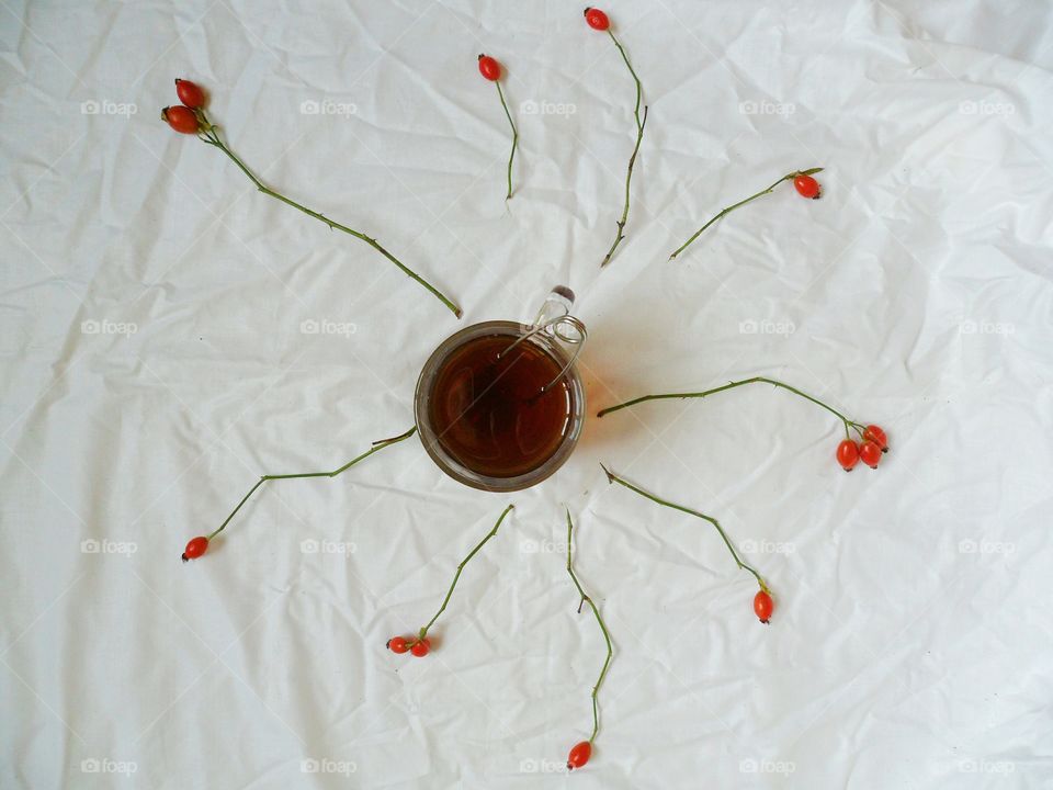 Cup of tea, hips of wild rose on white background