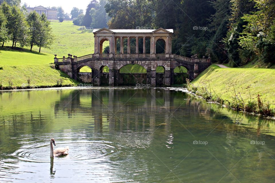 Bridge reflection on lake